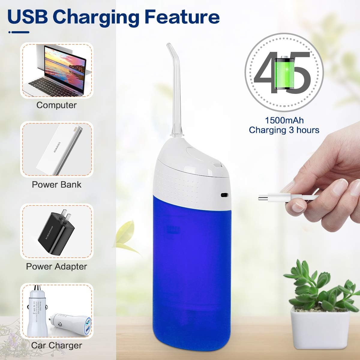 Water Flosser, Portable Oral Irrigator Cordless Teeth Cleaner, Ipx7 Waterproof Power Dental Flossers Professional Care for Home & Travel - 2020 Newest (Klein Blue): Health & Personal Care