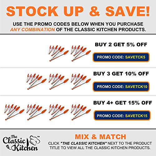ChefStir Kitchen Tongs with Non Stick Silicone Tips - Stainless Steel, Heavy Duty, Multipurpose Set of 3 - 7, 9, 12 Inch - for Cooking, Baking and Grilling - Orange - Thumbnail 4