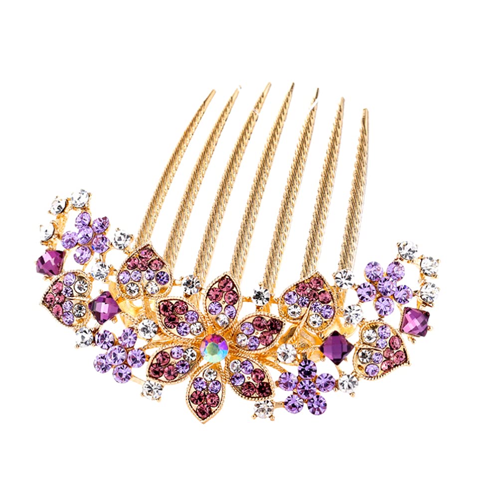 FRCOLOR Rhinestone Flower Hair Comb Vintage Inlaid Flower Hair Comb Crystal Bridal Hair Side Comb Wedding Headpieces Decorative Hair Accessories for Women Girls (Purple)