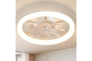 JINQIANMY Low Profile Ceiling Fan with LED Light, 45cm Flush Mount, 3000K-6500K Dimmable, Remote Control, White