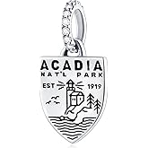Acadia National Park Dangle Shield Charms, 925 Sterling Silver Lighthouse Maine Map Pendant Beads, fits Pandora Travel Bracelet, USA Souvenir Gifts for Friends/Christmas