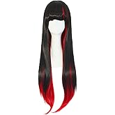 MapofBeauty Women Mixed Black/Red Long Straight Flat Bangs Wig