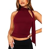 OZICERD Off Shoulder Halter Mock Neck Going Out Tops for Women Cute Club Rave Top Bow Tie Sleeveless Crop Tank Top with Scarf