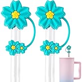 HINZIC 2pcs 10mm Teal Flower Straw Toppers, Cute Cherry Silicone Covers Reusable for Stanley 30/40 oz Tumbler Drinking Cups, Accessories for Rave Halloween Christmas