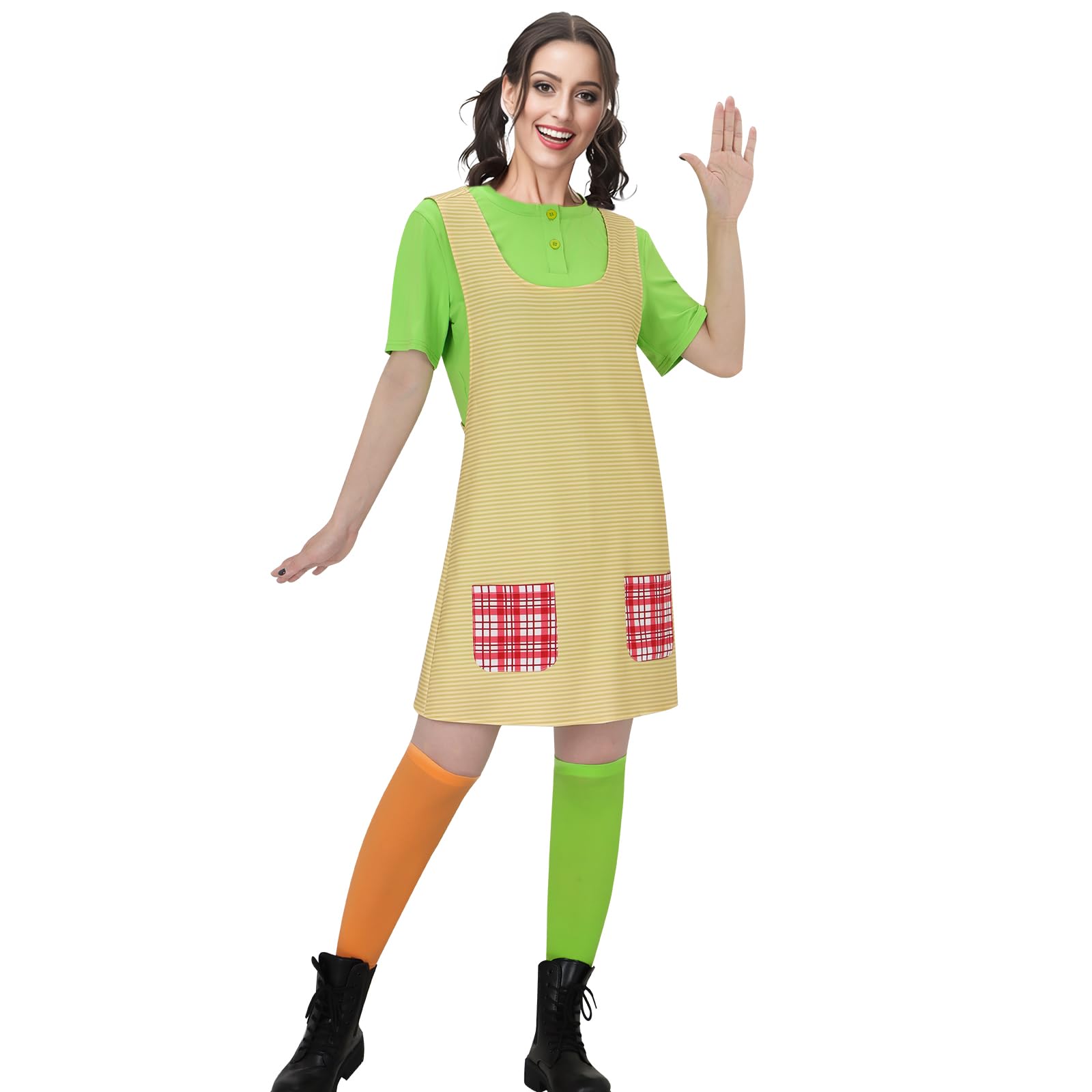 NUWIND Anime Women Cosplay Longstocking Halloween Costume Dress Vest Pockets with Socks Outfits (Green Yellow, L)