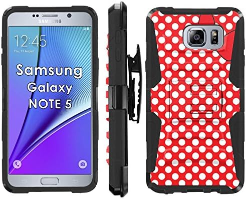 Samsung Galaxy Note 5 Phone Cover, Red/White Polk-a-Dots with Bow- Blitz Hybrid Armor Phone Case for [Samsung Galaxy Note 5] with [Kickstand and Holster] by Mobiflare