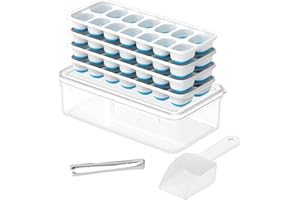 ChefAide Ice Cube Tray with Lid and Bin,Pack of 4 Silicone Plastic Ice Cube Trays for Freezer, Stackable Ice Tray with Container, Ice Scoop,Ice Tong for Drinks, Coffee and Cocktails Blue