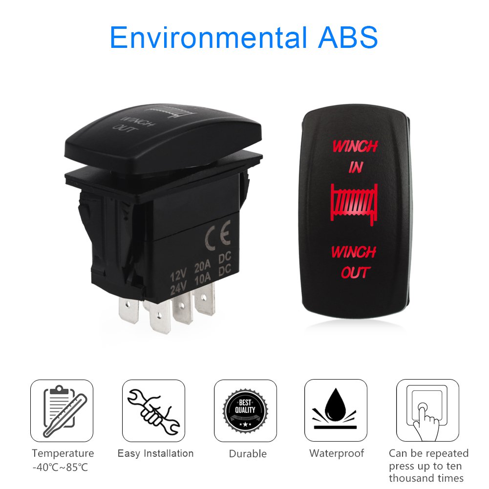 WATERWICH 7 pin Momentary Winch In Out Rocker Toggle Switch Waterproof DC 20A 12V/10A 24V Black Shell/ON-OFF-ON DPDT illuminated Rocker Switch For Auto Truck Boat Marine Off Road (Green)