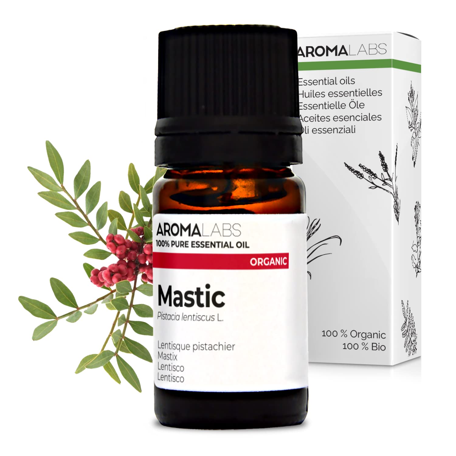 Aroma Labs - Pistachio Mastic Essential Oil - Ecocert Organic Certification - 100% Pure, Natural, Uncut - Guaranteed Chemotype and Biochemical Composition - Eco-Friendly Packaging Made in France - 5ml