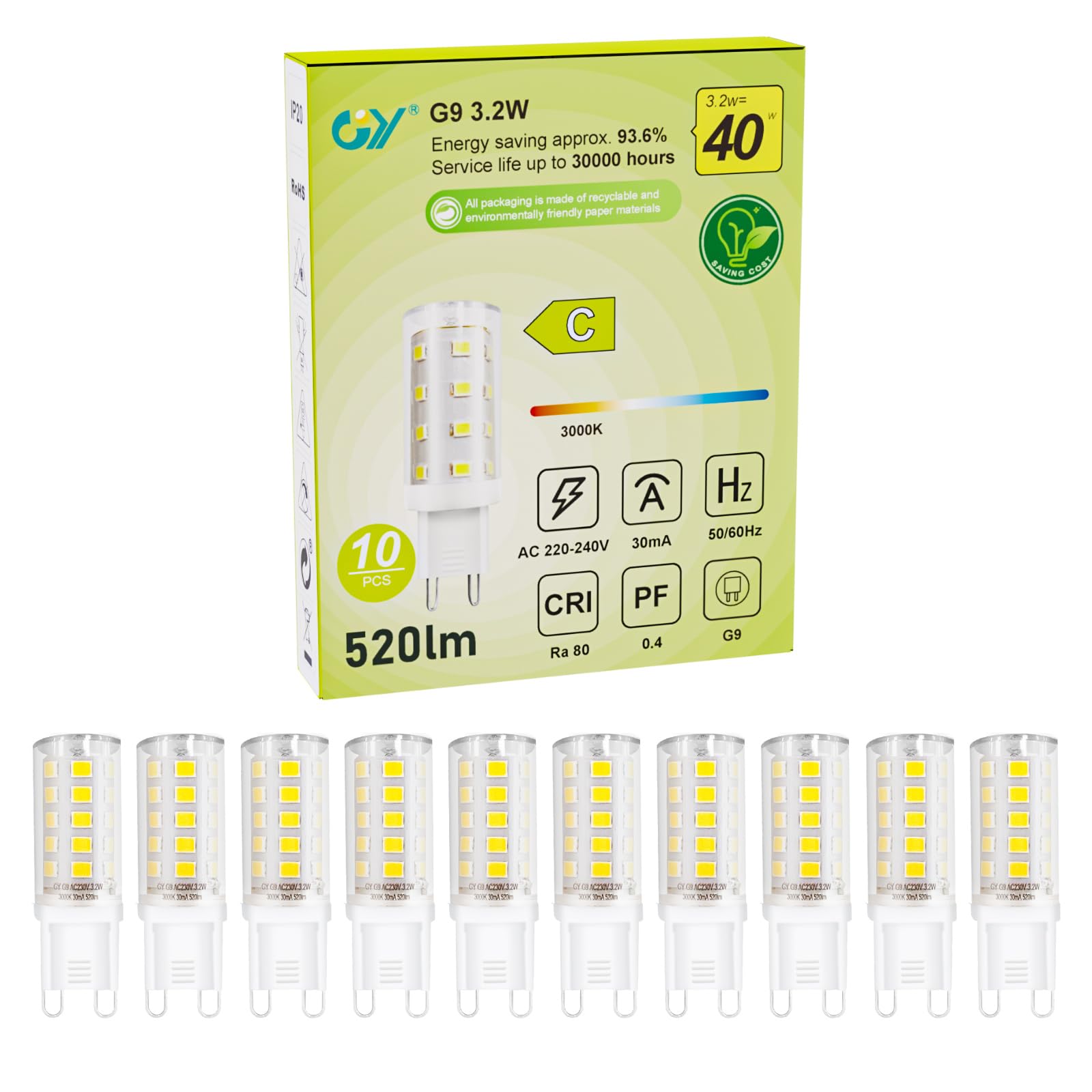 GY G9 LED Bulbs,3.2W Warm White 3000K Energy Saving Light Bulbs,Equivalent to 40W,520 Lumen No Flicker, Not Dimmable for Home Lighting Decor,10 Pack — image 1