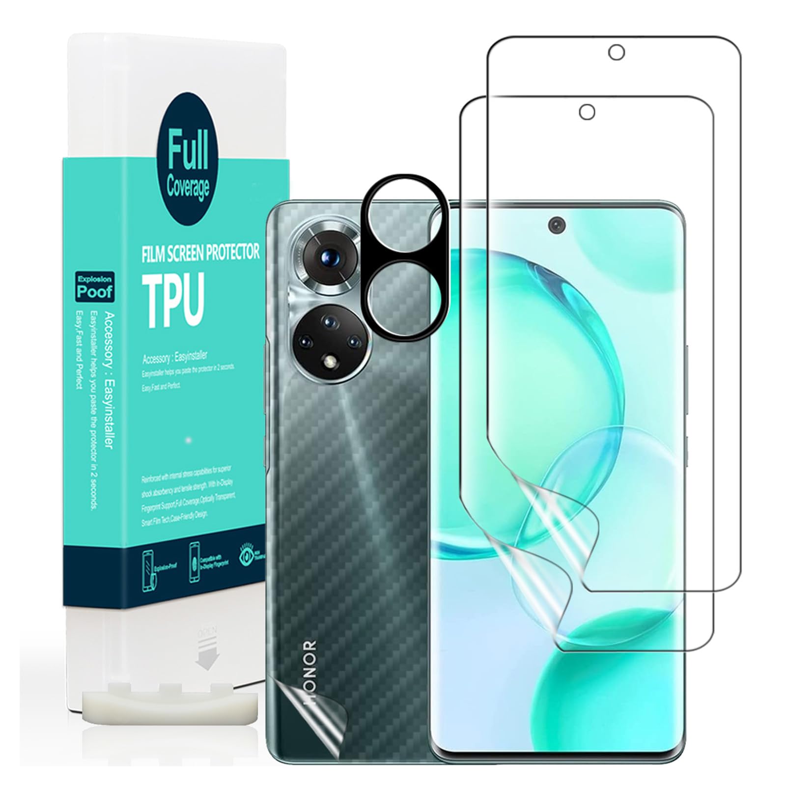 Ibywind Screen Protector For Honor 50 5G 6.57",with 2Pcs Flexible TPU Film,1Pc Camera Lens Protector,1Pc Backing Carbon Fiber Film [Fingerprint Reader,Easy to install]
