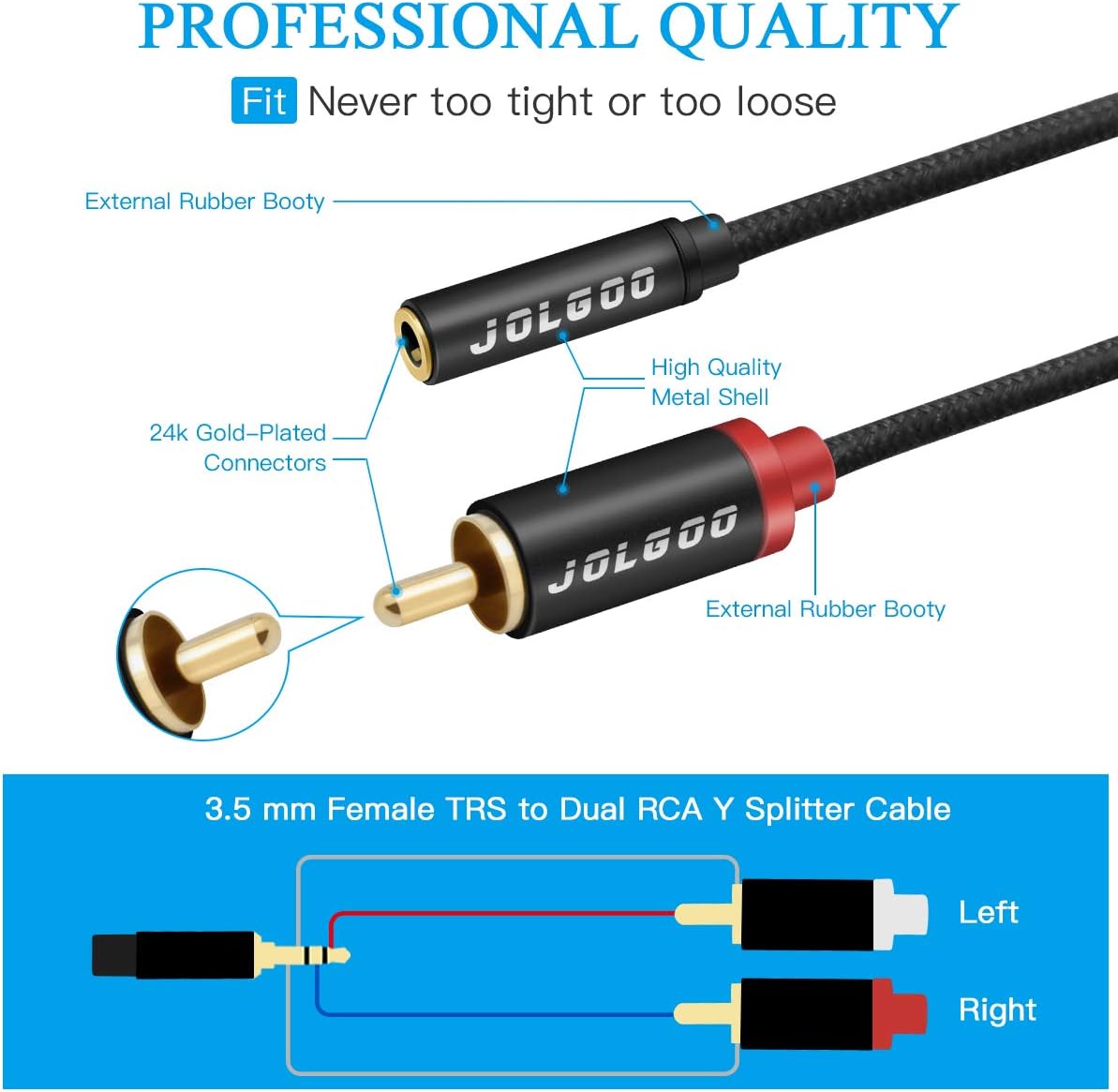 JOLGOO 3.5 mm Female TRS to Dual RCA Stereo Breakout Cable, Black Nylon Braided, 3.5mm Female to 2 Male RCA Adapter Audio Stereo Cable, 16 Inch/40cm: Home Audio & Theater