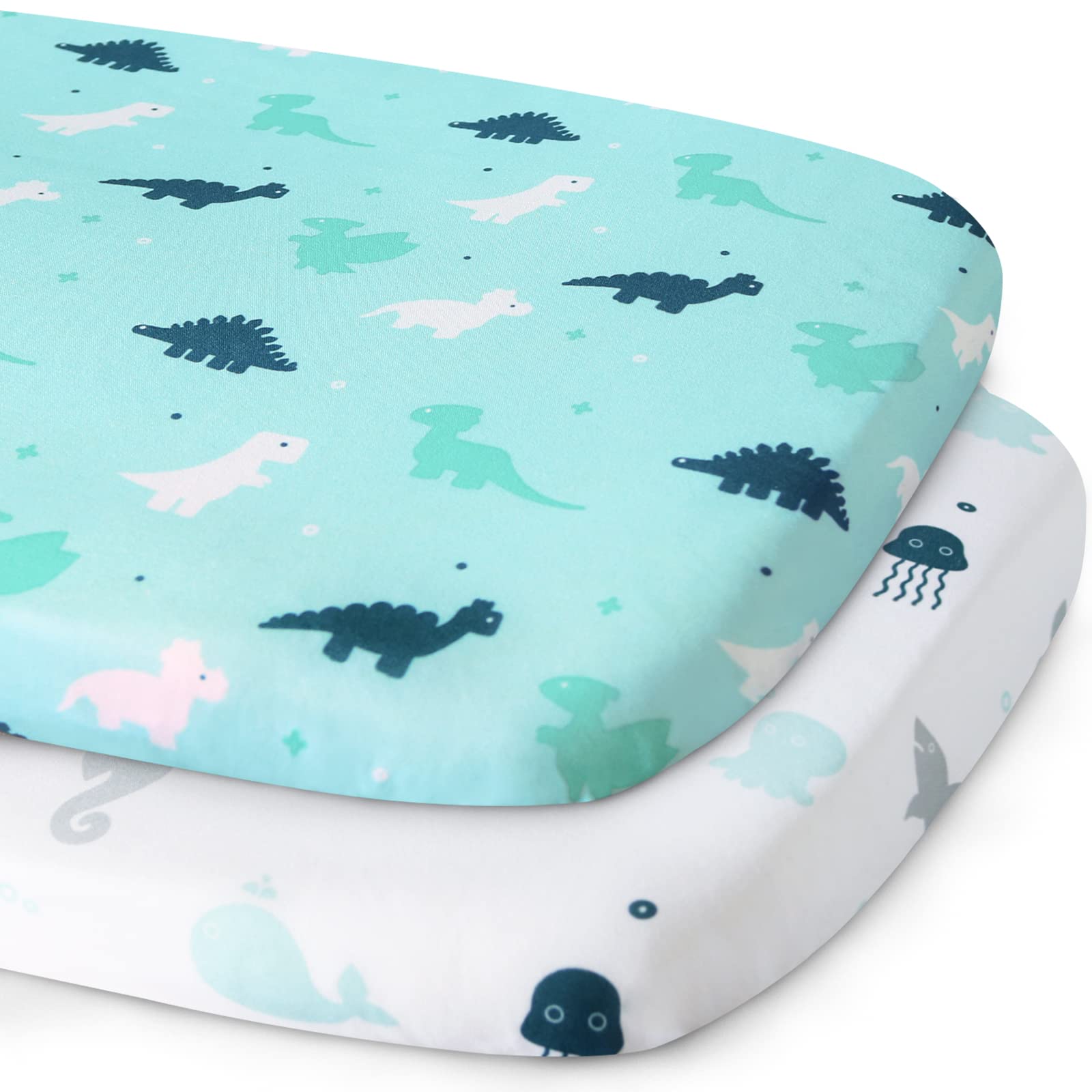 Photo 1 of Bassinet Sheet, Bassinet Sheets 2 Pack, Ultra Soft Bassinet Sheets for Baby Boys or Girls Universal Fit for Rectangle, Oval, Hourglass Bassinet Pad/Mattress, Dinosaurs & Ocean