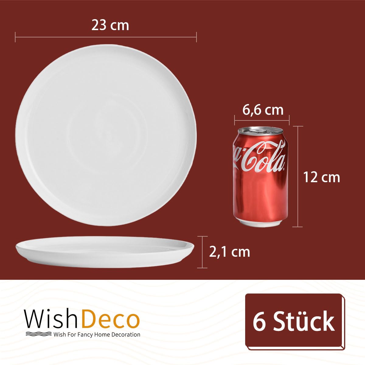 WishDeco Keramik Teller 6er Set, Flache Speiseteller 23cm, Geschirrset Weiß, Porzellan Essteller, Dinner Plate für Salat, Pasta, Pizza 3