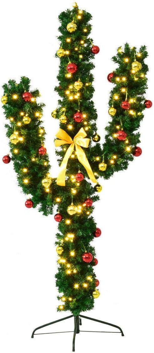 Amazon Com Goplus Pre Lit Artificial Cactus Christmas Tree With Led Lights And Ball Ornaments Kitchen Dining