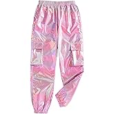 MakeMeChic Girl's Metallic Cargo Pants Jogger Pants Elastic Waist Streetwear Trousers Hip Hop Dance Outfits 8-12 Years