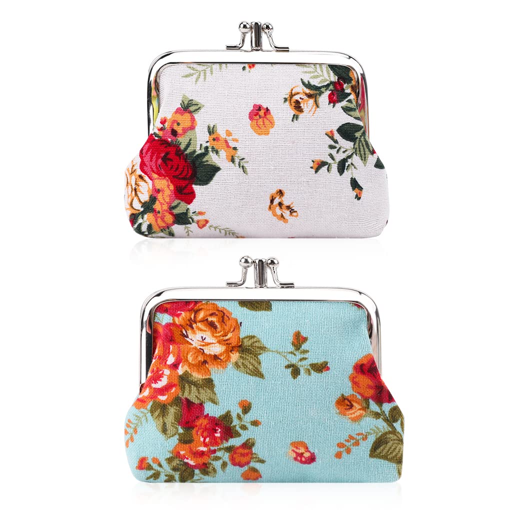 Oyachic 2 Packs Women's Coin Purse, Mini Buckle Coin Pouch, Retro Rose Change Wallet, Floral Kiss Lock Clutch Handbag, Double Clasp Closure Cloth Wallet