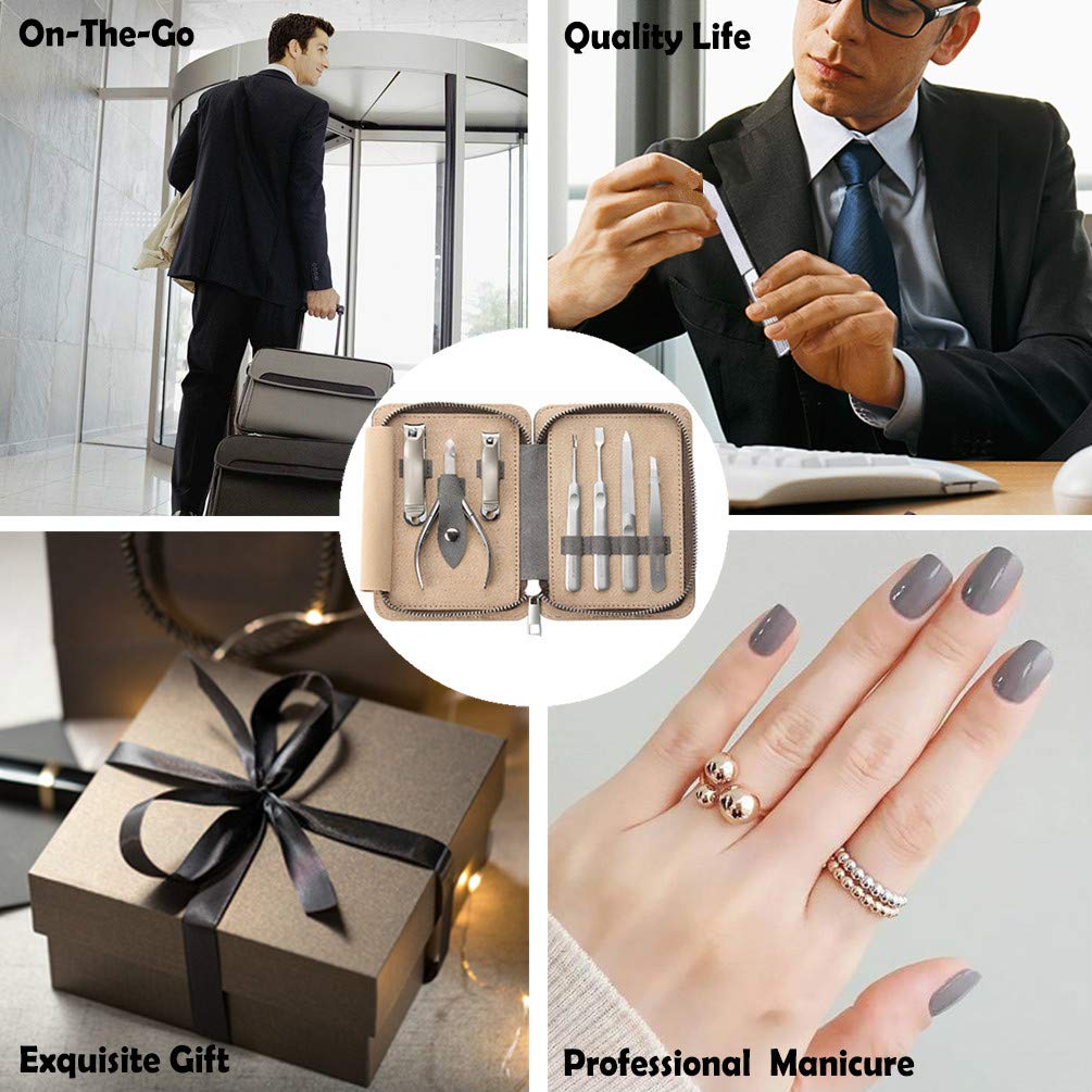 FAMILIFE Manicure Set, 7 in 1 Professional Manicure Pedicure Set Nail Clipper Set, Stainless Steel Professional Grooming Kit with Gray Leather Portable Travel Nail Clipper Set for Men Father : Beauty