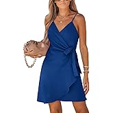 CUPSHE Women Spaghetti Strap Summer Dress Surplice V Neck Wrap Waist Tie Casual Beach Sundress Holiday Vacation Mini Dress