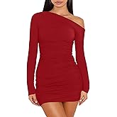 Nsbonu Women's Sexy Off Shoulder Long Sleeve Ruched Bodycon Elegant Cocktail Party Mini Dresses