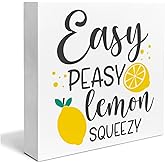 Lemon Wooden Box Sign House Decor Easy Peasy Lemon Squeezy Square Wood Sign Desk Decoration Summer Wood Block Tiered Tray Box Sign for Shelf Home 5 x 5 Inches