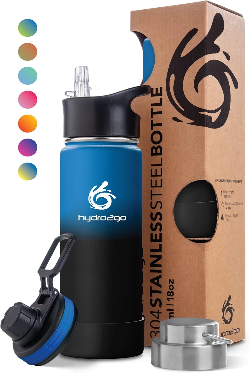 hydro2go Stainless Steel Water Bottle 530ml – BPA-Free, Keeps Drinks Hot 12H & Cold 24H – Includes 3 Lids (Space)