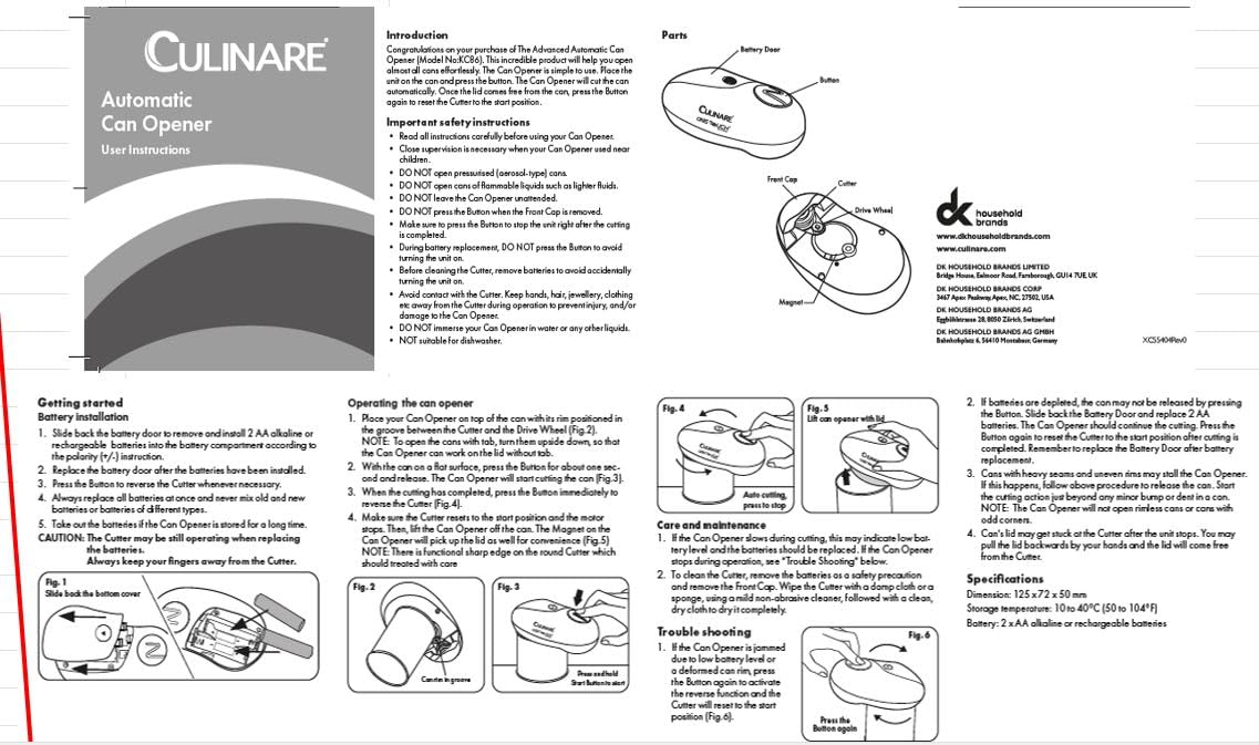 Culinare One Touch Electronic Tin Opener, White, Plastic/Stainless Steel, Automatic Can Opener, Battery Operated/Hands-Free Use/Magnetic Lid Removal, Batteries Not Included
