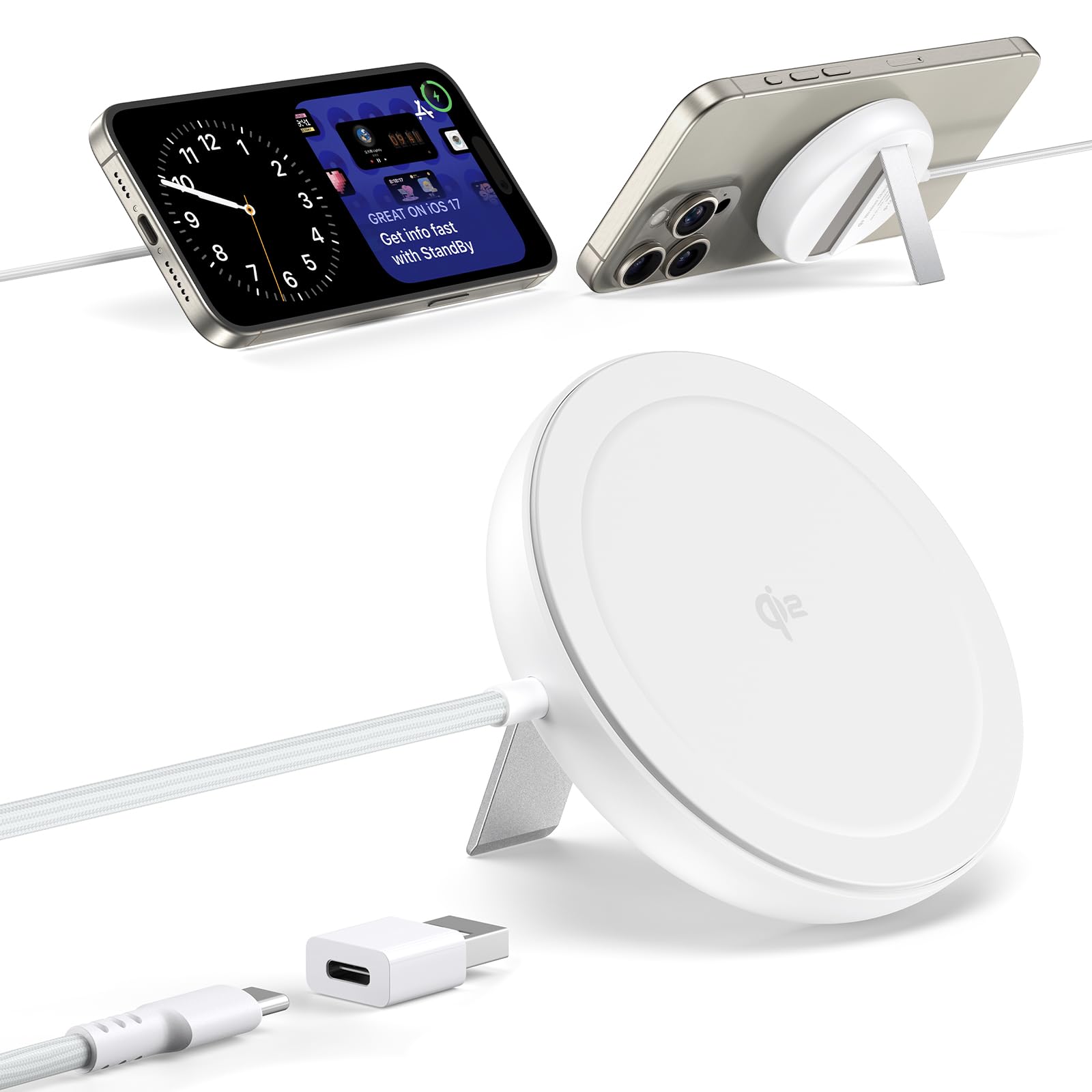 Photo 1 of Meifigno Qi2 Wireless Charger for MagSafe, 15W Magnetic Charger for iPhone Samsung with Metal Kickstand, Designed for iPhone 16 Pro Max/15/14/13/12/ Airpods Series, 5ft USB C/A Braided Cable, White