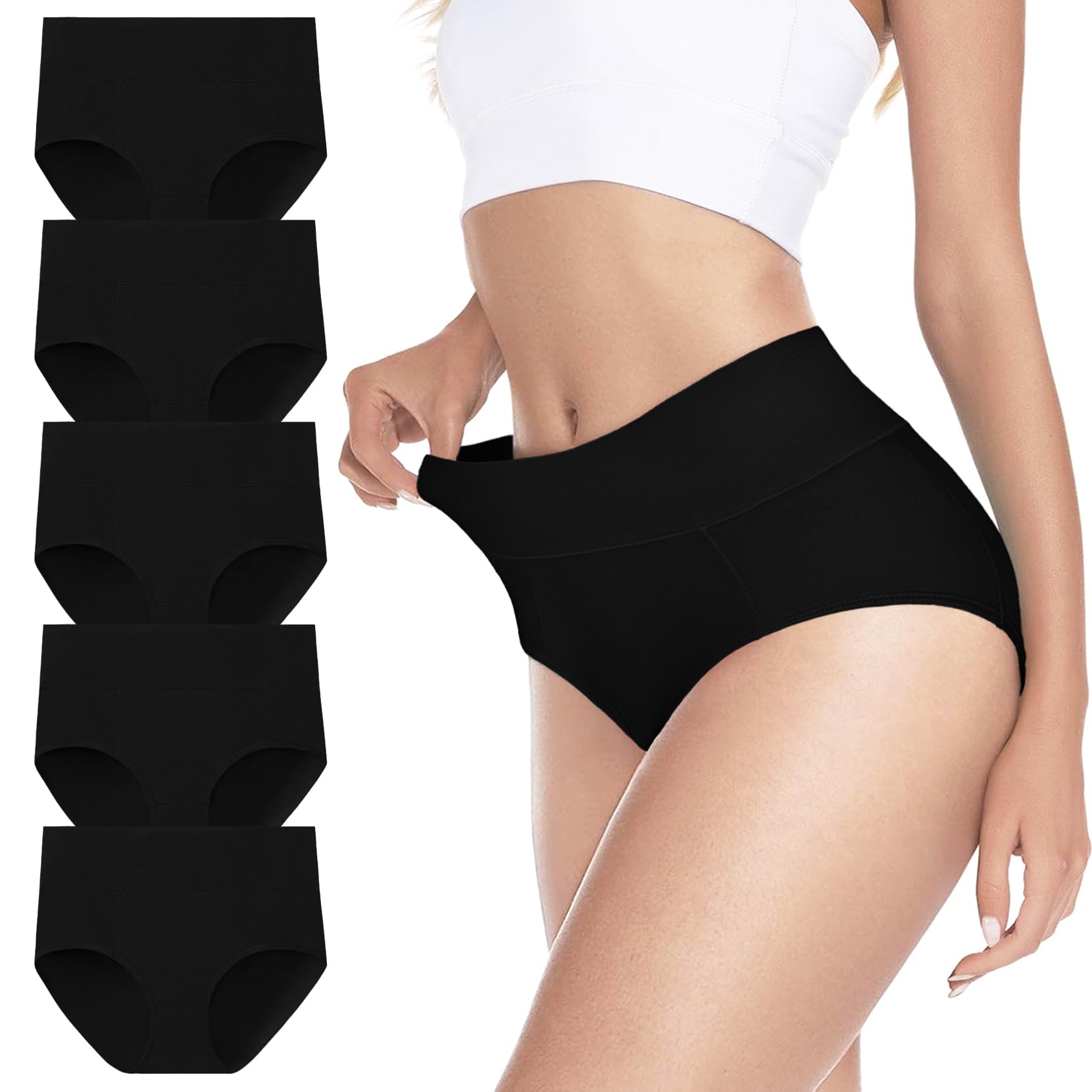 Cozyroam High Waisted Tummy Control Knickers for Women Cotton Underwear Women Soft Full Coverage Briefs Comfortable Stretchy panties Breathable Ladies Knickers Multipack 5 Pack Black