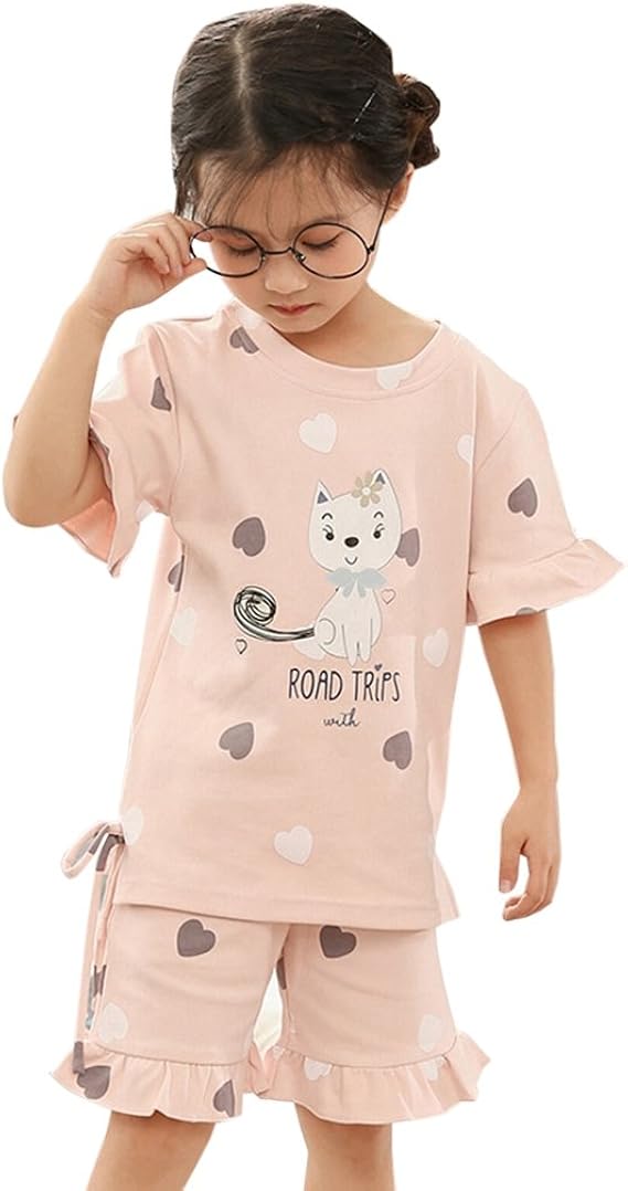 Amazon Wxik キッズパジャマ 女の子 100 165cm 春夏 上下セット 半袖長ズボン 可愛い 薄手 快適 柔らかい ネグリジェ ルームウェア ナイトウェア 部屋着 寝間着 3歳以上 ガールズ パジャマ キッズ 子供用 綿 ピンク 可愛い猫 心 パジャマ 通販