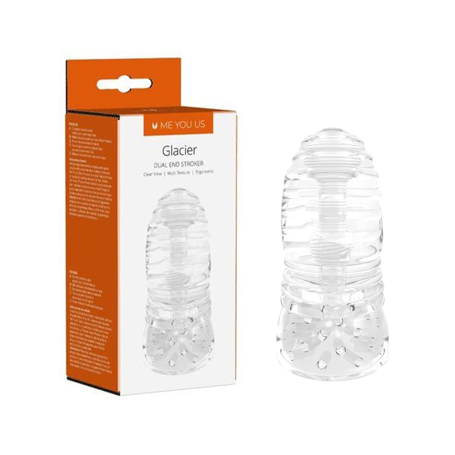 Me You Us The Glacier Dual End Stroker – Transparent Male Masturbator with Double-Ended Design – Real Feel Sleeve with Ribbed & Nubby Textures – Waterproof, Body-Safe & Easy to Clean