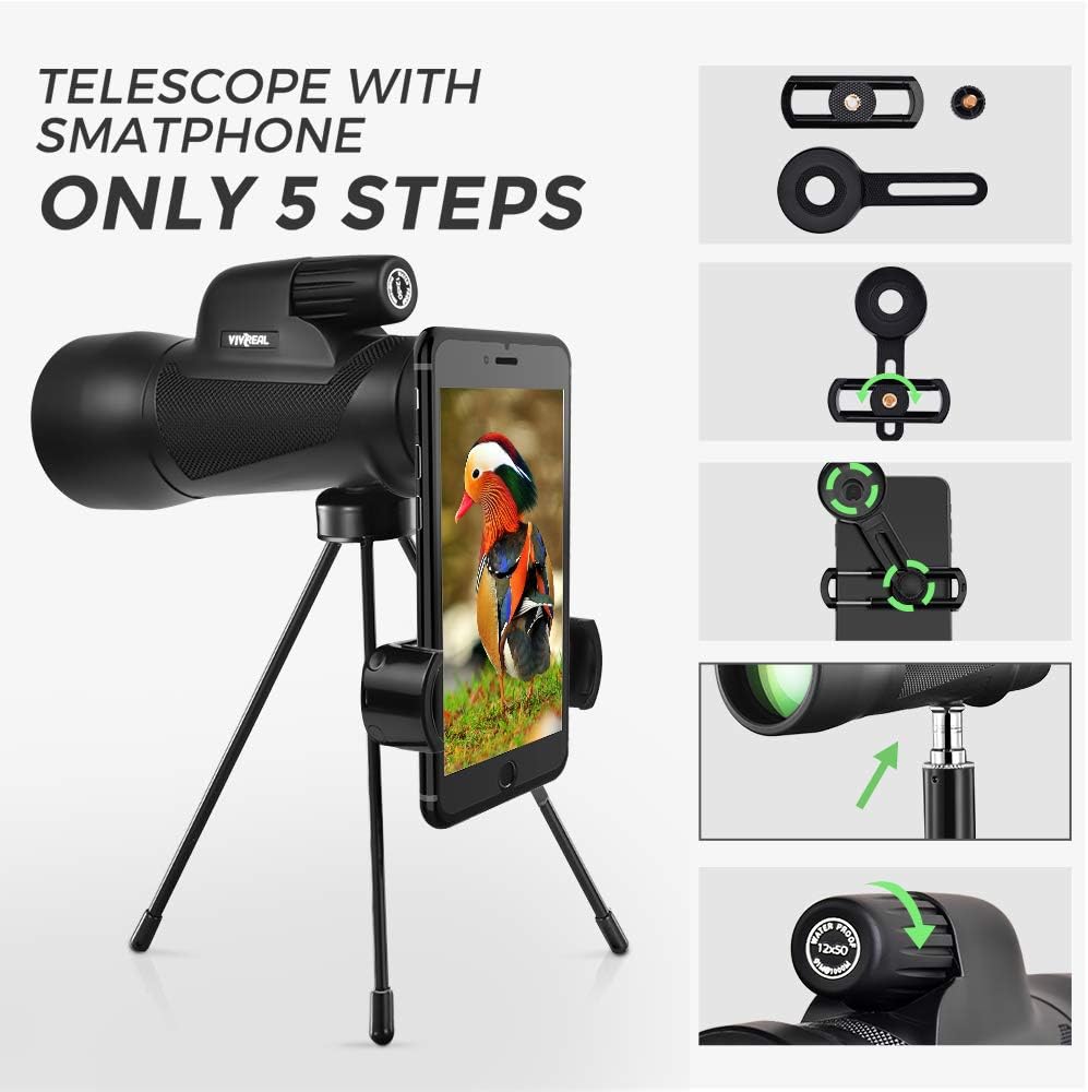 Monocular Telescope - 12X55 High Power Starscope Monocular Telescope with Smartphone Holder, BAK4 Prism & IPX7 Waterproof Monocular for Adults Kids Bird Watching Hunting Camping Hiking Traveling : Camera & Photo