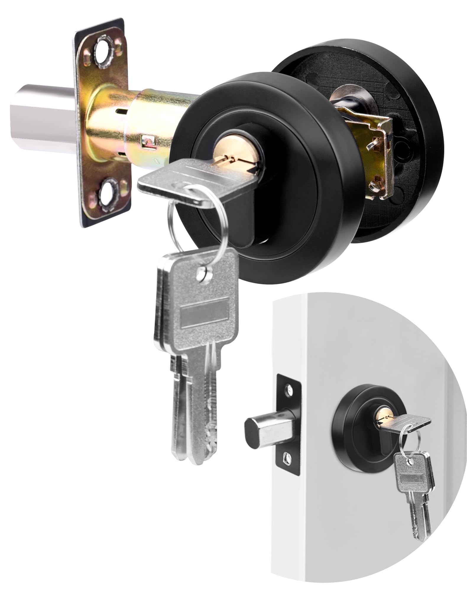 LUNEKUCK Single Cylinder Deadbolt Black Round Security Door Lock with Key, Zinc Alloy Deadbolt, Standard Size for Bathroom, Bedroom, Entrance Door Lock, Interior and Exterior