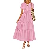 ZESICA Women's Summer Casual Short Sleeve Midi Dresses 2026 V Neck Elastic Waist Tiered Flowy Boho Dress with Pocket