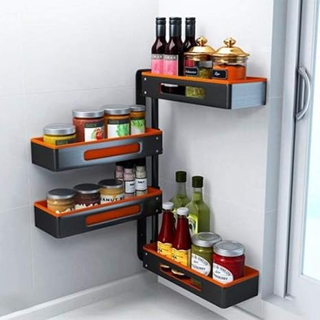 Amazon 4層キッチン収納ラック回転調味料棚コーナー調味料ラックキッチンラック壁掛け省スペースで錆びません Color Black Orange 調味料 スパイスラック オンライン通販