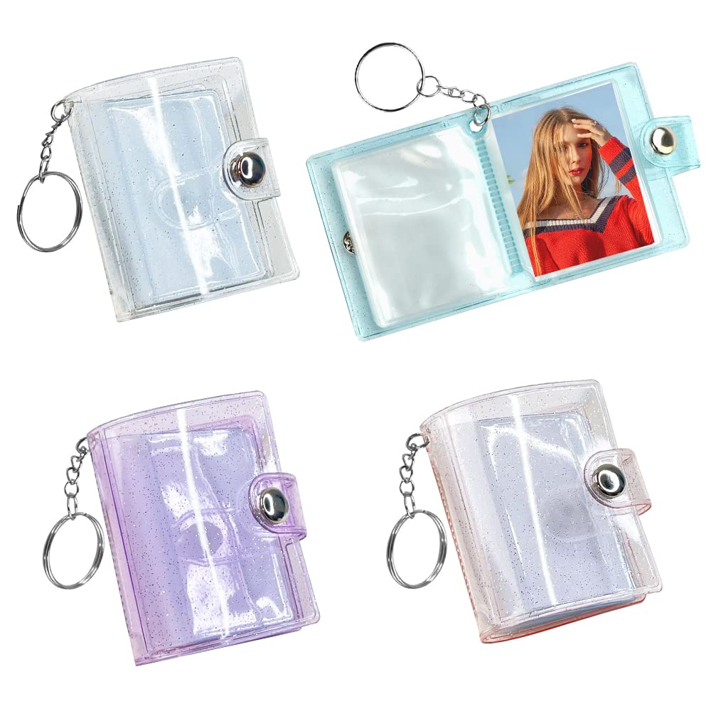 KBNIAN 4Pcs Mini Photo Album Keyring, 24 Pockets PVC Mini Small Photo Album Binder with Keychain Clear Pocket for Cards, Pictures, ID Photo