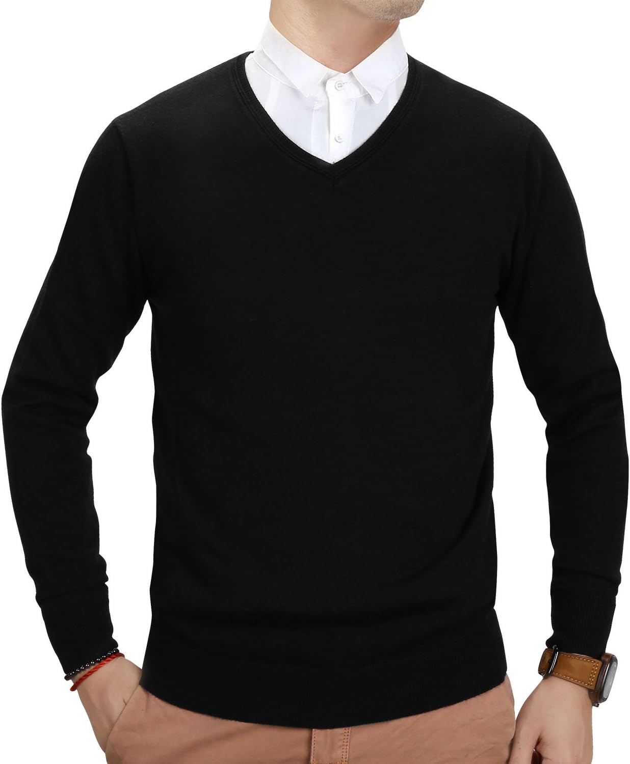 Finrosy Men’s Sweater V-Neck Woolen Long Sleeve Slim Fit Pullovers(Black,M)