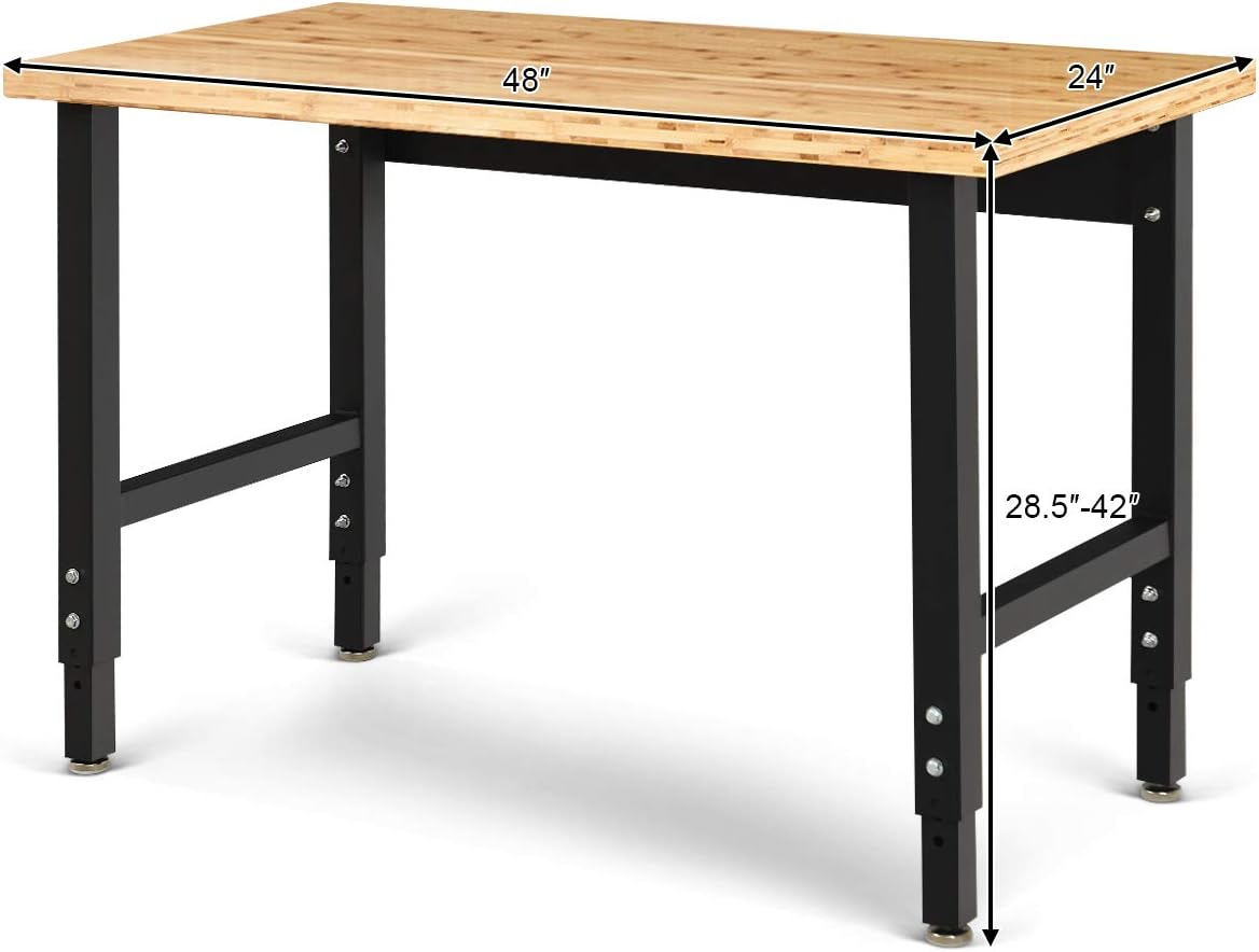 Goplus Adjustable Workbench, 48" 1500 Lbs Bamboo Top Garage Work Bench, Heavy-Duty Steel Work Table Hardwood Workstation, Easy Assembly - - 