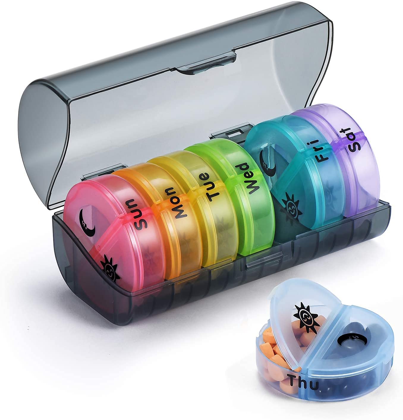7 Day Pill Box Organiser,Rainbow Pill Boxes 7 Day 2 Times a Day am and pm,Weekly Pill Box with Moisture-Proof Design for Purse and Pockets(Grey)