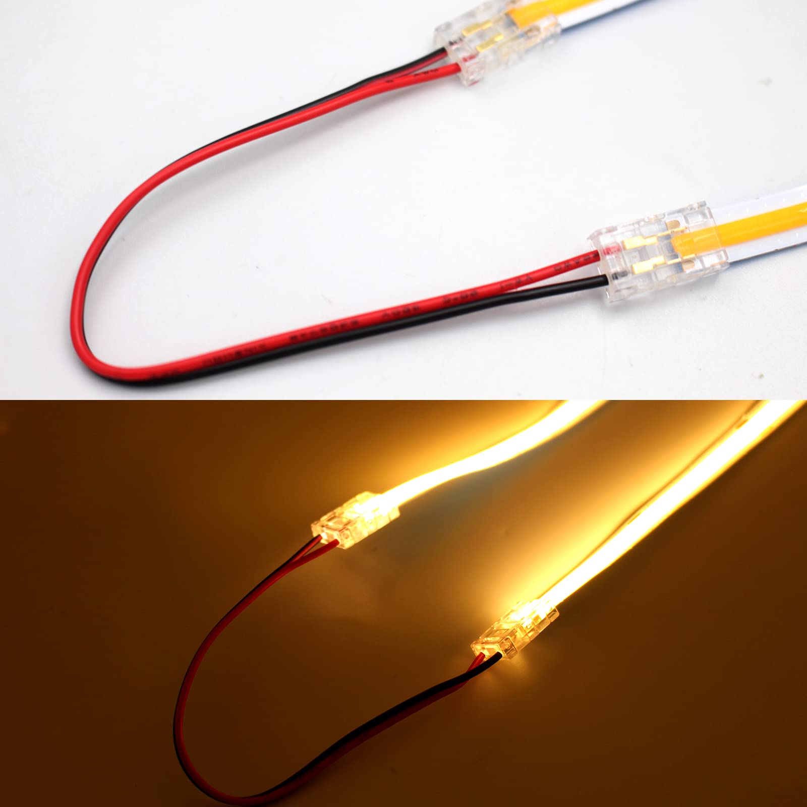 Boarda COB LED Strip Connectors, 2-Pin 10Pcs Gapless Solderless Connector for 8mm COB LED Strip Lights (Dual Connector+15CM Cable)