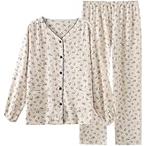codcm Womens Cotton Gauze Pajama Set Floral Print 2 Piece Pj Set Long Sleeve Fall Sleepwear Cute Pj Sets