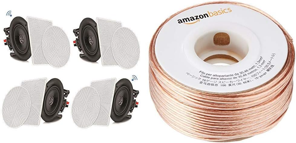 Pyle 8โ 4 Bluetooth Flush Mount in-Wall in-Ceiling 2-Way Speaker System Quick Connections Changeable Round/Square Grill Polypropylene Cone & Amazon Basics SW100ft 16-Gauge Speaker Wire - 100 Feet