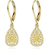 DOVRAN 14k Real Gold Filigree Earrings Teardrop Leverback Dangling Earrings Filigree Sunflower Jewelry for Women