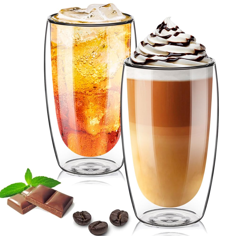 TKNO 2 Pack 450ml Double Walled Tall Coffee Glasses Mugs Cups, for Coffee Tea Milk Juice Ice Cream Dessert, Borosilicate Heat Resistant Large Glass Cups, Microwave Safe, Ideal for Hot and Cold Drinks