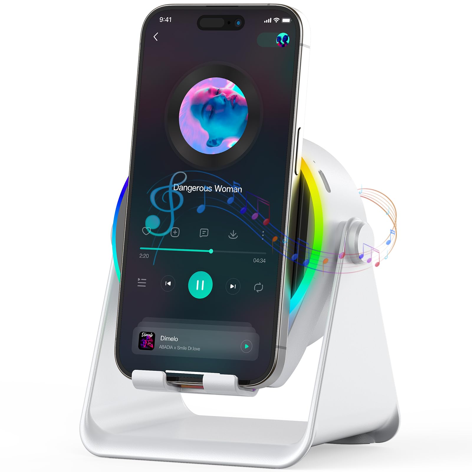 Wireless Induction Speaker, 4 in 1 Bluetooth Speaker Phone Stand with RGB Light, 360° Rotation Phone Holder Compatible with iPhone Android iPad Samsung Galaxy, Birthday Gift for Men Women