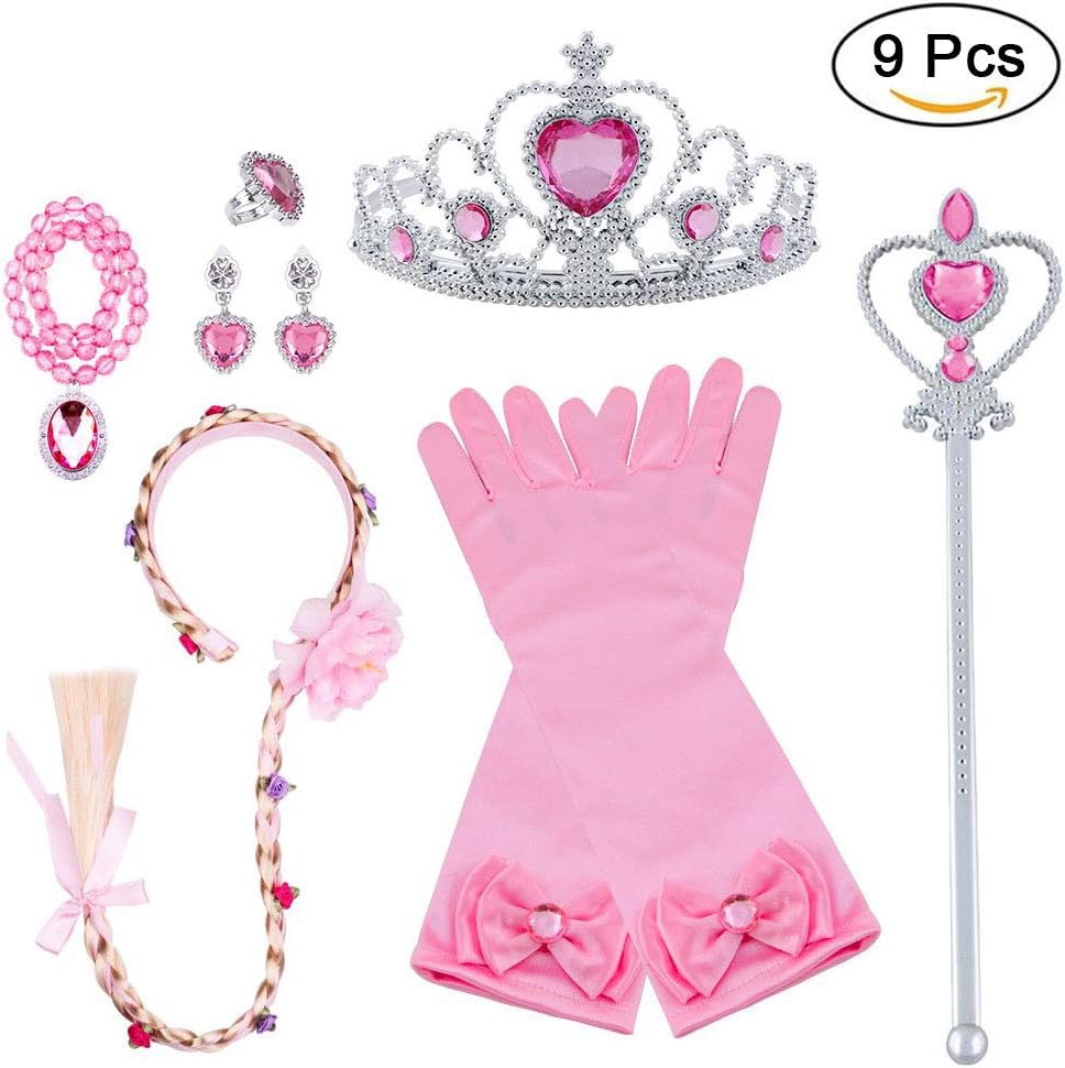 Vicloon Elsa Dress Up Accessories Set of 5, Elsa Gloves, Princess Tiara, Magic Wand and Necklace,Earings, Pink-ponytail