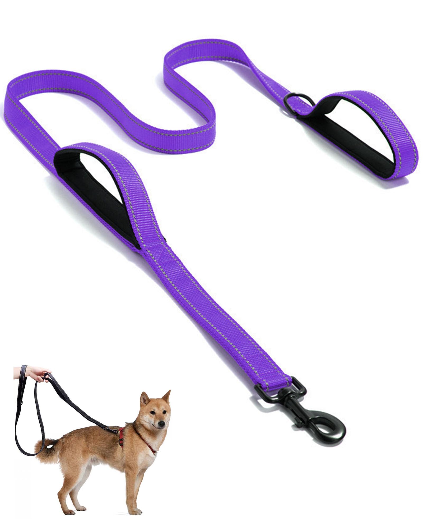 Photo 1 of Aeclleca Soft Handle Reflective Black Dog Leash with 2 Padded Handles, 5FT Heavy Duty Pet Lead for Medium & Large Dogs, Comfortable Anti-Slip Grip & Night Safety Design (Purple)