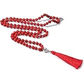BALIBALI 108 Mala Beads Necklace Semi-Precious Gem Stones Meditation Necklace 108 Hand Knotted Japa Mala Beaded Tassel Necklace with Tree of Life Pendant