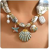 Silk Scarf Necklace for Women Adjustable Bandana Choker with Pearl 18K Gold Charms,Boho Beach Ceramic Jewelry Leaf Butterfly Starfish Coin Pendant Summer Holiday Jewelry