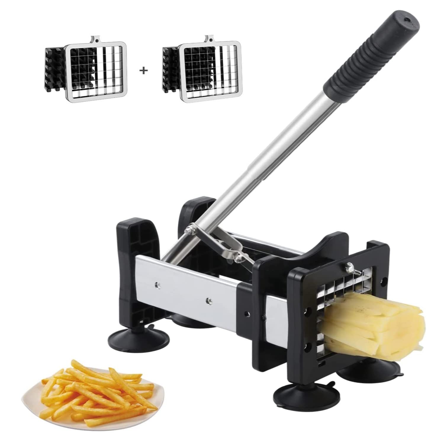 Tophie Potato Chipper, French Fry Cutter, Potato Chopper Cutter with 2 Different Size Super Stainless Steel Sharp Replacement Blades and Non-Slip Feet, Perfect for Potatos, Carrots, Cucumbers
